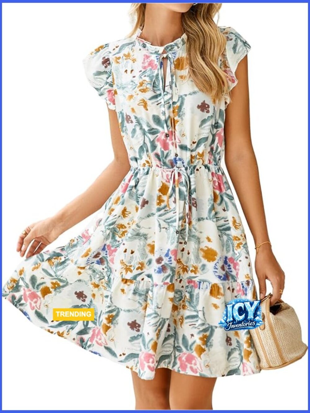 Viscose Polyamide Floral Boho Dress V Neck Ruffle Mini with Pockets